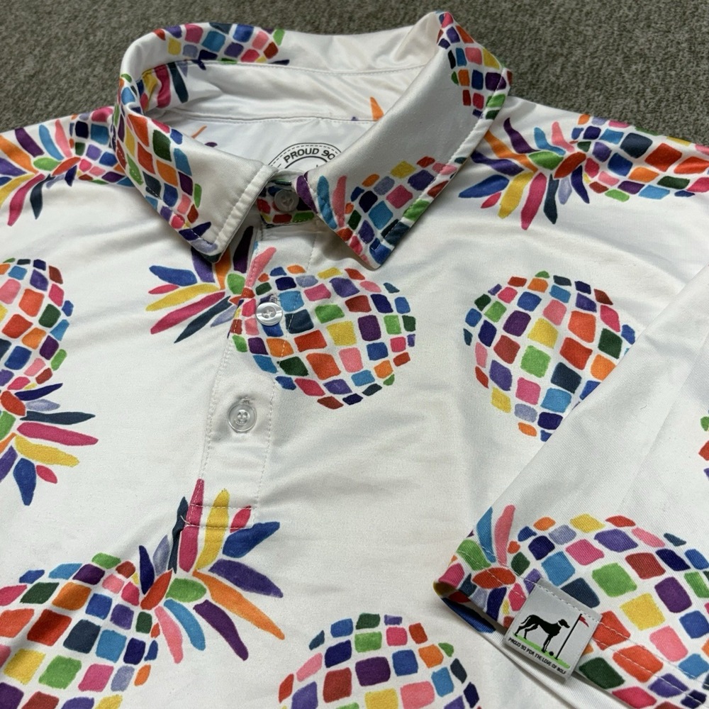 Proud 90 Golf Is Fun Polo Shirt Men's Medium White Pineapple Performance Stretch